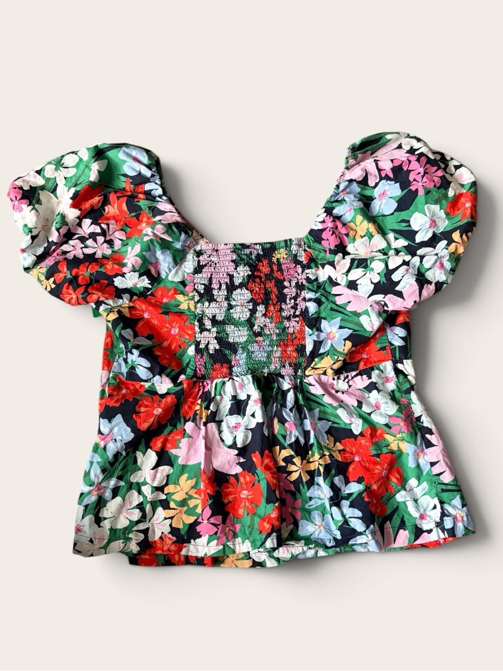 Old Navy Women’s L 100% Cotton Tropical Floral Puff Sleeve Smocked Blouse